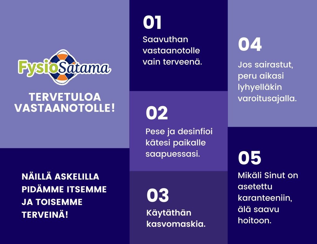 Koronavirukseen liittyvä ohjeistus FysioSatamassa asiointiin (päivitetty 17.2.2021)